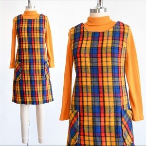 Vintage 70s Plaid Pinafore Dress with Turtleneck
